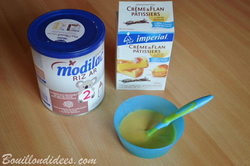 Desserts au lait infantile (Modilac Riz AR) pour bébé APLV IPLV, sans lait, sans gluten creme Impérial Bouillondidees