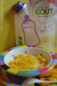 Porridge por-riz-dge mangue lait céréales de riz Good Gout (Modilac riz, bébé APLV IPLV) recette bébé Bouillondidees