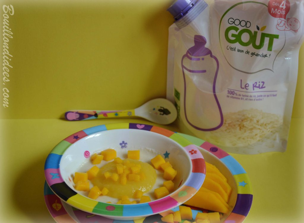 Porridge por-riz-dge à la mangue et céréales de riz Good Gout recette bébé (Modilac riz, bébé APLV IPLV) Bouillondidees